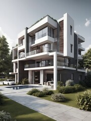 Fototapeta premium Modern house with pool in the garden real estate 