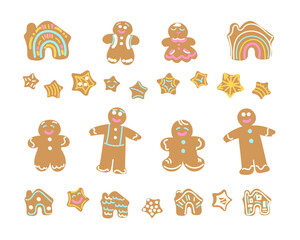 Vector illustration.Christmas gingerbread cookies decorated with colored sugar glaze. In the shape of a Christmas gingerbread houses, a star, snowflakes, a gingerbread man with a cane, stars 