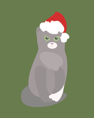 Vector illustration of a cat in a Santa Claus hat on an green background.Gray Party Cat

