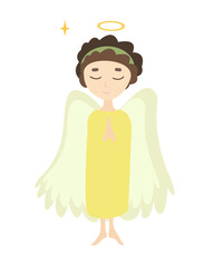 A cute boy angel with dark hair in a green tunic closed his eyes and folded his hands in prayer.Vector illustration in a cartoon style