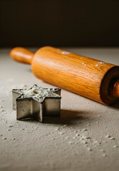 Wooden Rolling Pin with Star Cookie Cutters on Floured Surface