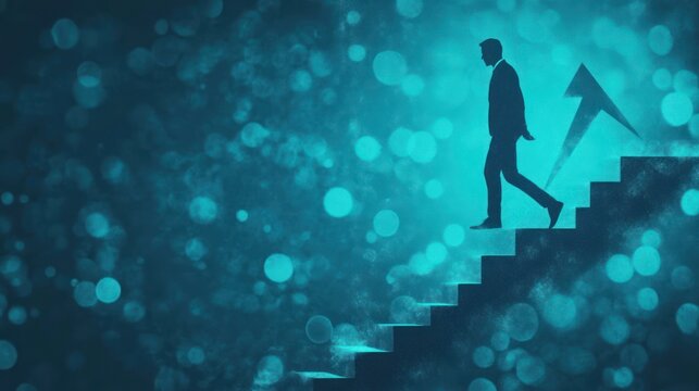 Silhouette of a businessperson ascending stairs, symbolizing career advancement.  A teal-toned background with bokeh effect highlights the upward trajectory