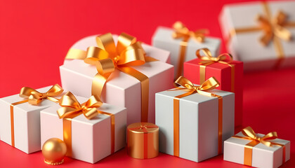 Obraz premium Isolated Christmas gift packages with golden ribbons on red background, low-poly. with white shades