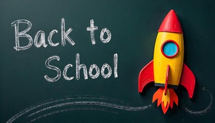rocket ship made of crayons on a chalkboard background with the text Back to school  created with generative ai