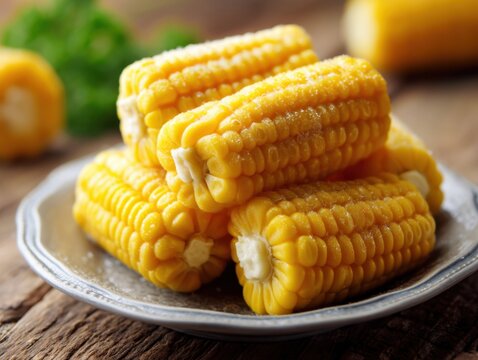 Canned mini corn cobs on grey plate on table