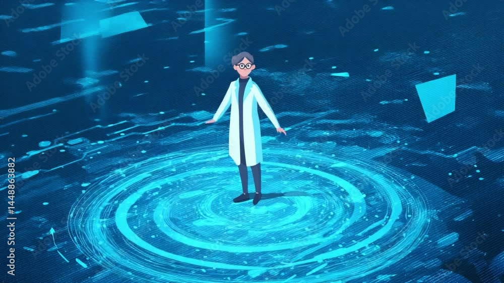 Poster tech wizard: a tech-savvy character, clad in a lab coat, commands an immersive virtual environment, 