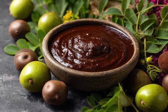 Fresh tamarind puree pulp paste served in a bowl with whole fruit