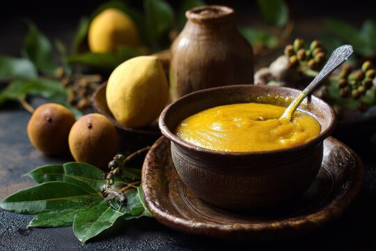 Fresh tamarind puree pulp paste in a bowl with whole fruit