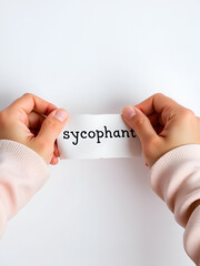 Hands tearing off paper with inscription sycophant
