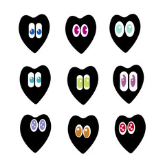 Valentine day.Cute romantic hearts with eyes for logo or sticker vector set. isolated on white