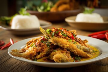 Fototapeta premium Fried catfish on a white plate on a wood table traditional Indonesian dish