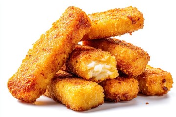Fried cheese delicious fish sticks crunchy chicken nuggets Isolated on white