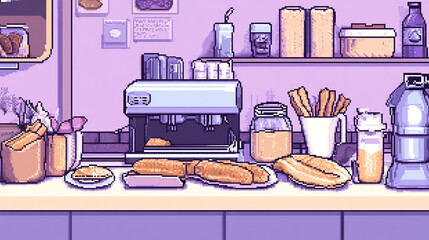 the pixelated image shows the counter area of a food establishment, with a tiled wall and shelves in the background