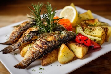 Fried fish meal with potatoes and veggies