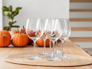 Autumn Harvest Table Setting with Empty Wine Glasses