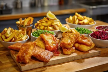 Fototapeta premium Fried foods including battered fish burgers pies and peas