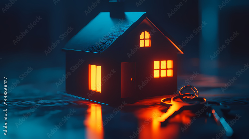 Canvas Prints illuminated home model with keys: a symbol of new beginnings and real estate. [dream architectures] 