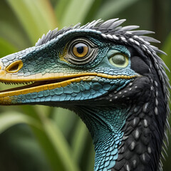 Fototapeta premium Detailed close up of a Troodon head, showcasing its intelligent and piercing gaze, ancient reptile with visible skin texture