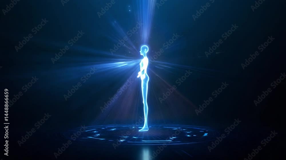 Poster digital human interface: a digital representation of the human figure. bathed in an ethereal glow wi