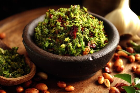 Hirvi Mirchi cha thecha is a popular dry green chutney from Maharashtra made with garlic chili and peanuts