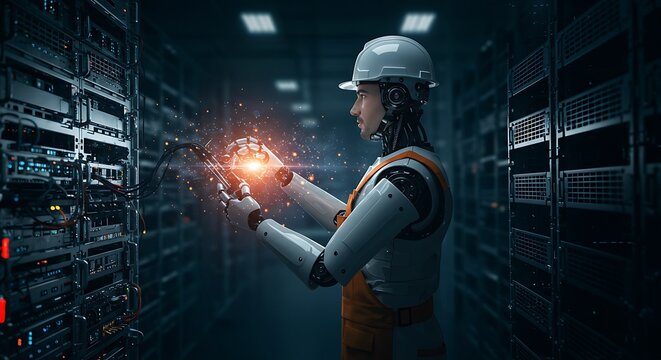 Robotic Engineer Repairing Network Equipment in Server Room