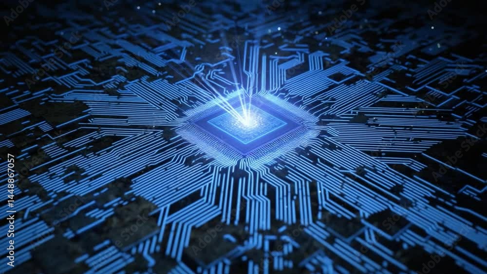 Poster digital core: a striking representation of a central processing unit, emitting vibrant light, symbol