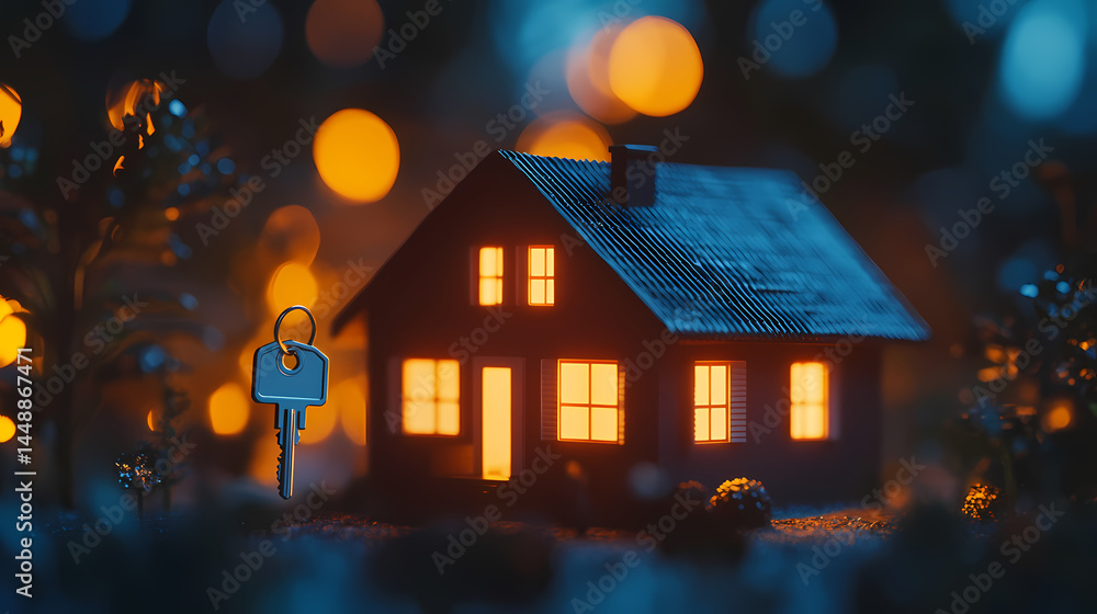 Wall mural illuminated home model with keys: a symbol of new beginnings and real estate. [dream architectures] 