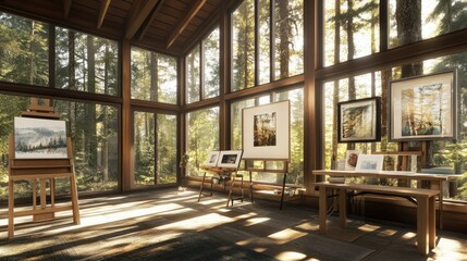 Obraz premium Sunlit Forest Art Studio: A Haven of Creativity and Nature's Embrace