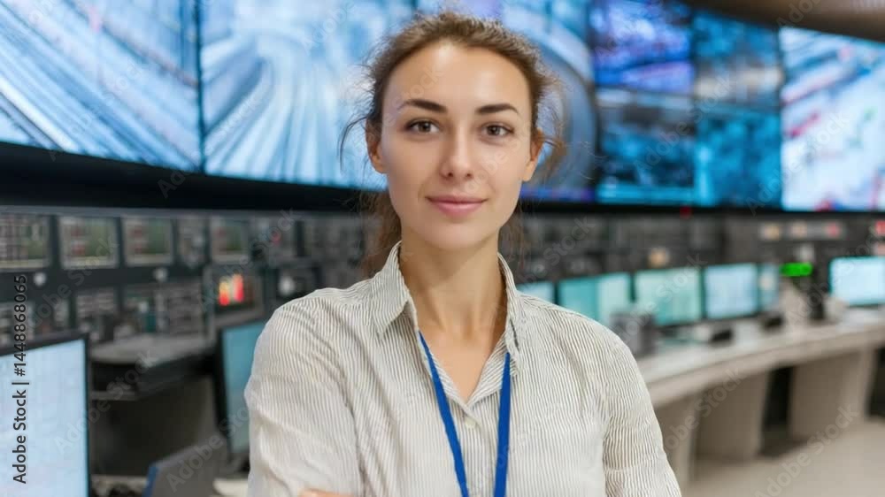 Poster control room: a composed professional stands confidently in a cutting-edge control room environment,