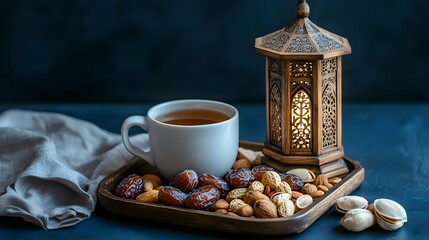 Fototapeta premium Ramadan Kareem, Dates, Nuts, Tea, Lantern