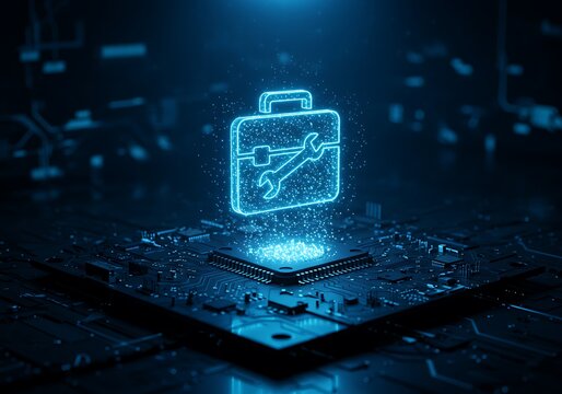 Toolbox Icon Glowing Above Microchip for Computer Repair Services