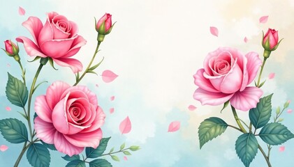 Delicate watercolor roses & buds, soft pastel hues, design, summer