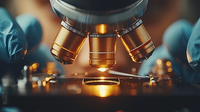 Close-up of a microscope lens focused on a slide