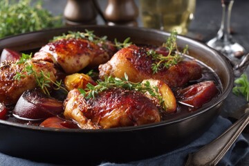 Fototapeta premium Horizontal image of chicken and plums in a ginger honey and red wine sauce with thyme