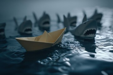 Image depicting a paper boat fleeing sharks to avoid disaster