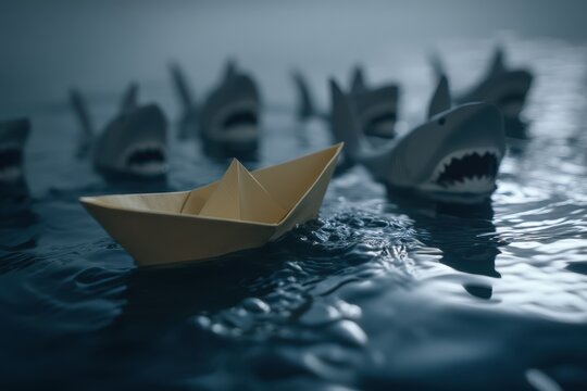 Image depicting a paper boat fleeing sharks to avoid disaster