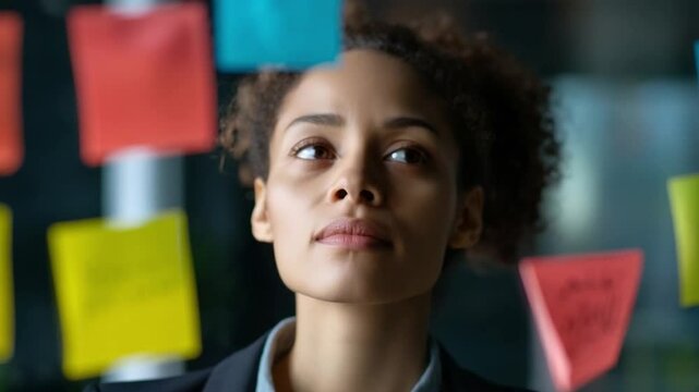 Focused Vision: A determined woman contemplates her work, surrounded by a tapestry of colorful sticky notes. The scene radiates professional ambition and strategic thinking.