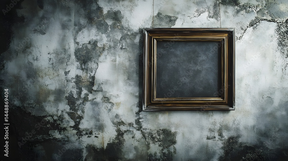 Poster a framed canvas hangs against a textured wall with peeling paint, creating a distressed and aged aes