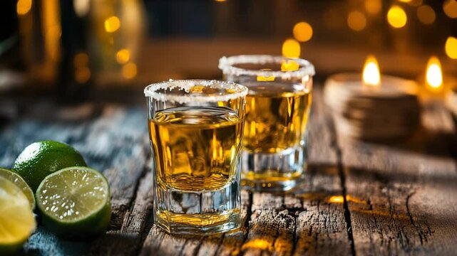 Two Glasses of Tequila on Rustic Wood