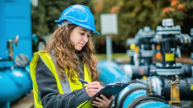 Water Works Inspection: A dedicated female inspector, clad in protective gear, meticulously documents the essential elements of water infrastructure, highlighting a commitment to detail.