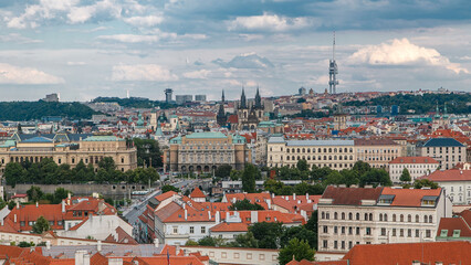 Beautiful View On Prague In Czech Republic timelapse With Flowing River Vltava And With Zizkov...