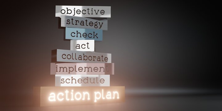 Action plan concept - block shapes and glow effect - 3D illustration