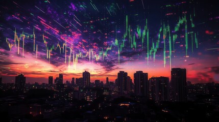 City skyline at sunset with financial data overlaid. Colorful stock chart lines streak across a cityscape.  Night lights illuminate buildings