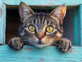 Tabby cat with yellow eyes looking out from a window