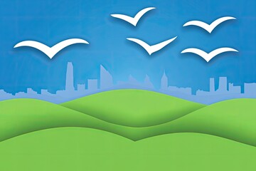 Peaceful cityscape with rolling hills and birds