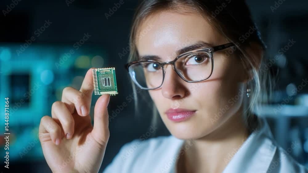Aufkleber tech savvy: a scientist holds up a computer chip, a symbol of scientific exploration and technologic