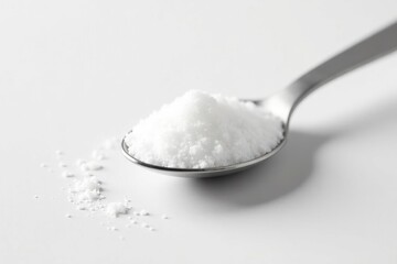 Spoonful of white sugar against white backdrop, sweetener, pure, spoon