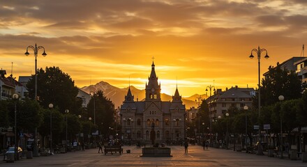 Naklejka premium Golden Sunset Illuminates Town Square and Majestic Clock Tower
