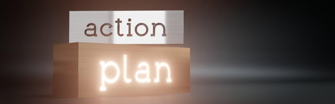 Action, plan - block shapes and glow effect - 3D illustration