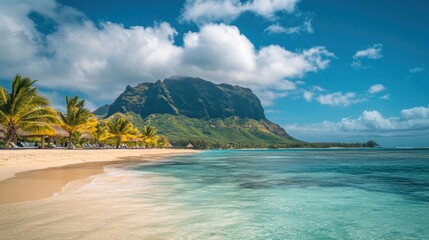 Fototapeta premium Tropical Beach with Turquoise Water and Mountain Backdrop in Paradise